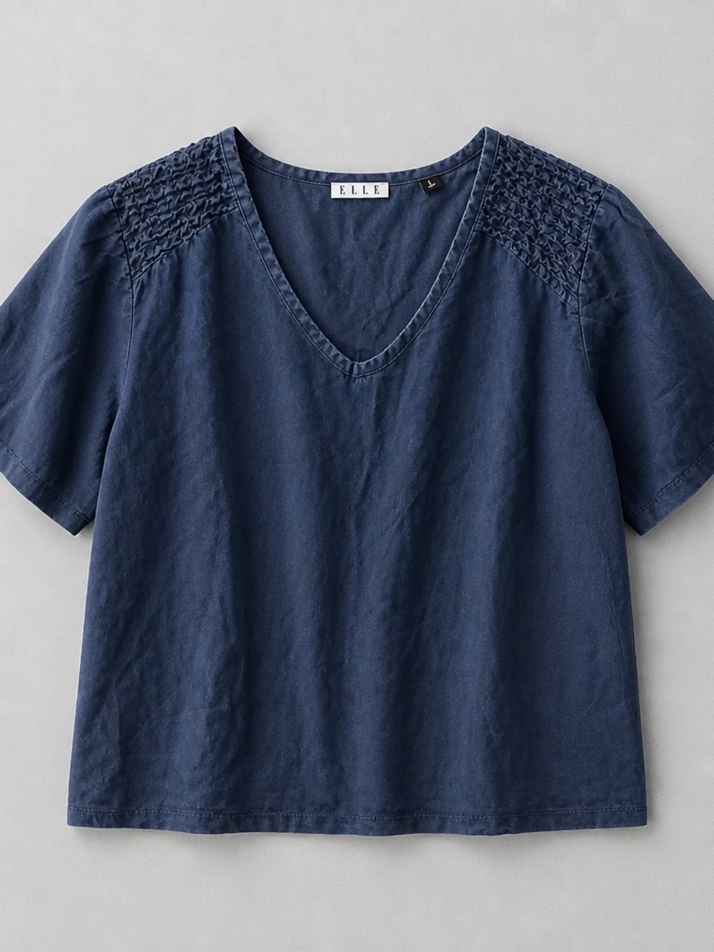 ELLE Dark Blue V-Neck Short Sleeve Top with Smocked Shoulders